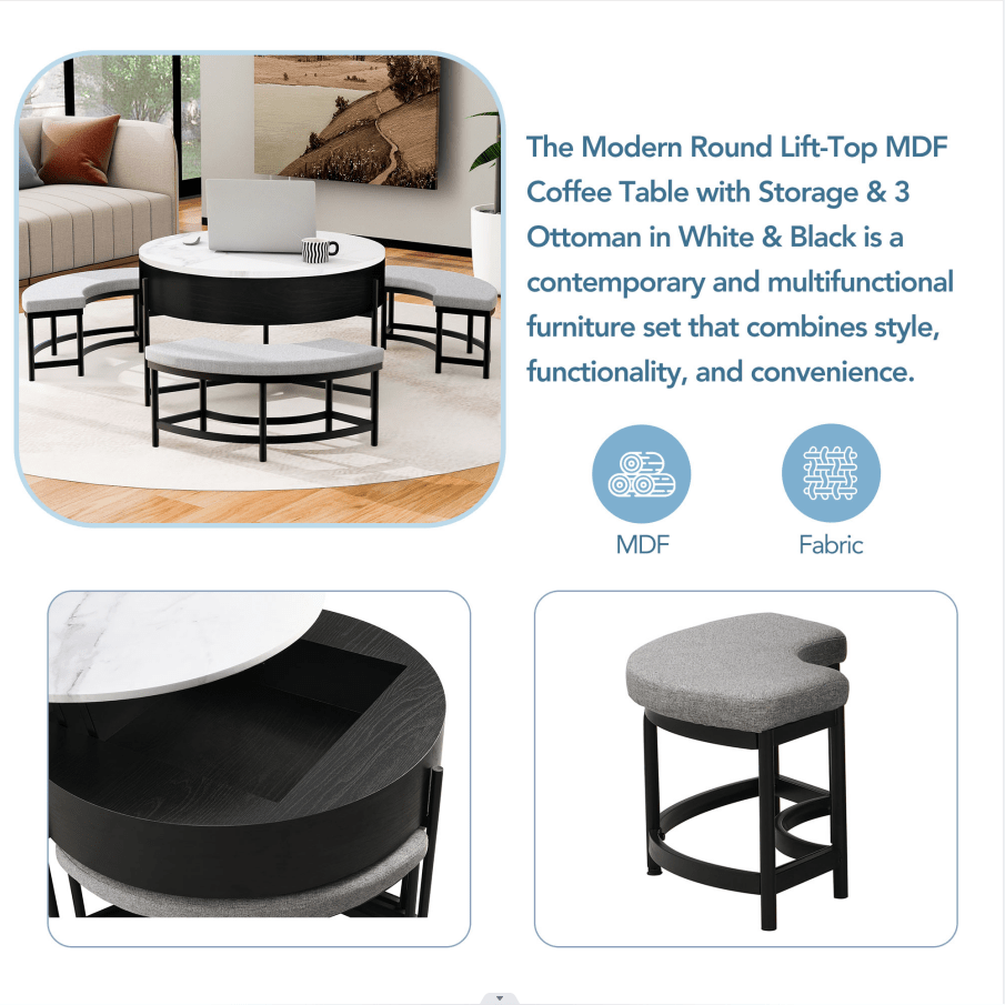 Merax Modern Round LiftTop Coffee Table with Storage & 3 Ottoman White