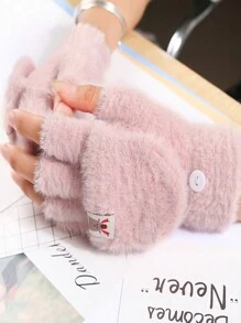 One Pair Unisex Solid Color Thickened Faux Cashmere Warm Gloves For Autumn/winter, Suitable For Outdoor Activities And Office Work - Pink - View 1