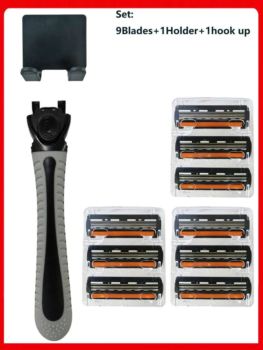 Maquinilla De Afeitar De Seguridad Manual Clásica De 3 Capas, Maquinilla De Afeitar, Juego De Afeitado, Maquinillas De Afeitar De Seguridad Para Hombre Y Mujer, Cuchillas De Repuesto De Acero Inoxidable, Cuchillas Reutilizables - 1Soporte+1gancho+9Cuchillas - Ver 1