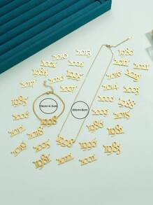 2入組時尚風格年份數字吊墜項鍊手鏈套裝,金色女士生日穿搭 - 金黃色 - 查看 2