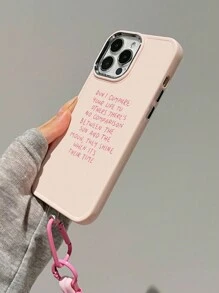 Pink 1pc Slogan Pattern Frosted Effect Phone Case With Electroplated Metal Frame & 1 Nylon Neck Lanyard Compatible With Iphone - Multicolor - View 4