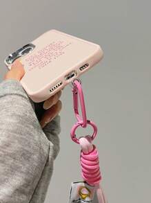 Pink 1pc Slogan Pattern Frosted Effect Phone Case With Electroplated Metal Frame & 1 Nylon Neck Lanyard Compatible With Iphone - Multicolor - View 5