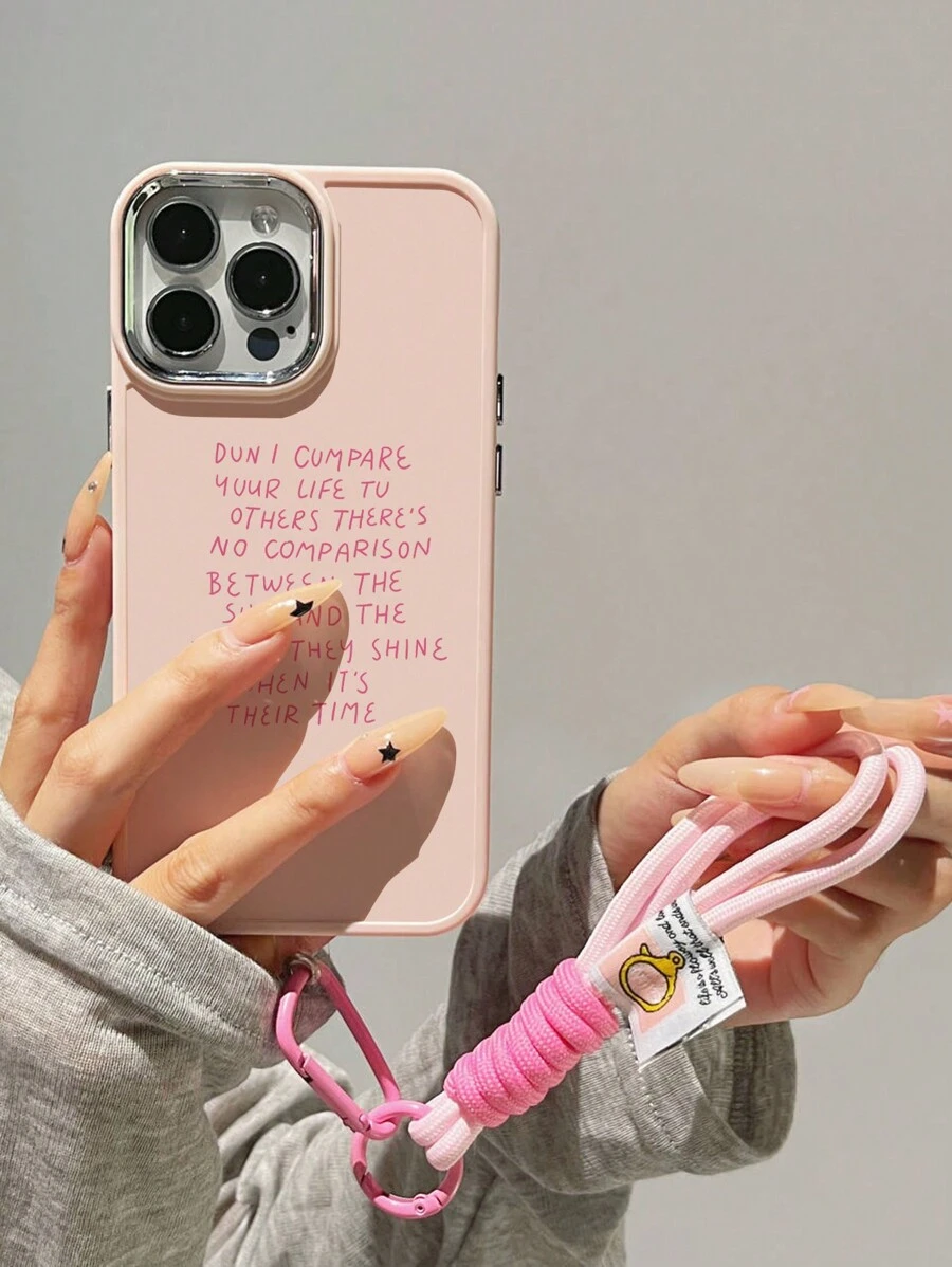 Pink 1pc Slogan Pattern Frosted Effect Phone Case With Electroplated Metal Frame & 1 Nylon Neck Lanyard Compatible With Iphone - Multicolor - View 1