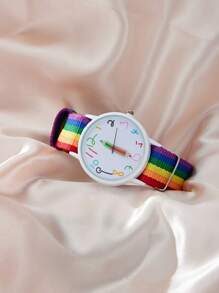 时尚简约卡通蜡笔彩虹帆布表带石英手表 - 白色 - 查看 3