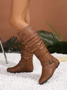 Ladies' Buckle & Stud Embellished Design Creased Boots, Fashionable - Brown - View 4