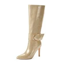 Modatope Knee High Boots Women Pointed Toe Stiletto High Heel Zipper Boots for Women with Buckle Strap - Vàng - Xem 2