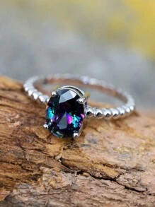 1枚優雅純銀橢圓形彩色立方氧化鋯戒指,適用於女性約會、訂婚、婚禮禮物 - 銀色 - 查看 5