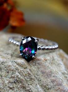 1枚優雅純銀橢圓形彩色立方氧化鋯戒指,適用於女性約會、訂婚、婚禮禮物 - 銀色 - 查看 2