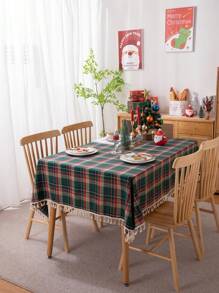 1 件鄉村風聚酯纖維和聖誕綠色格子桌布帶流蘇、桌布 - 彩色 - 查看 3