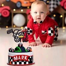 1pc Paper Fast One Checkered Flag Cake Topper, Racing Theme Decoration For One-Year-Old Birthday Party - Black - View 4
