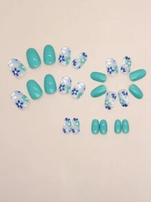 提升雅緻,24入組簡約氣質短橢圓形花紋指甲貼套裝,附送1把指甲檔和1個果凍膠 - 彩色 - 查看 3