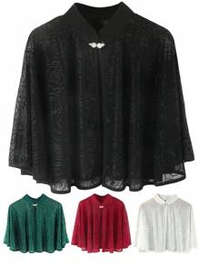 1 pieza Chal elegante de mujer con botón de perla falsa, patrón floral y calado, negro, perfecto para una cita o fiesta de noche y complementa con un vestido camiseta, Día de San Valentín