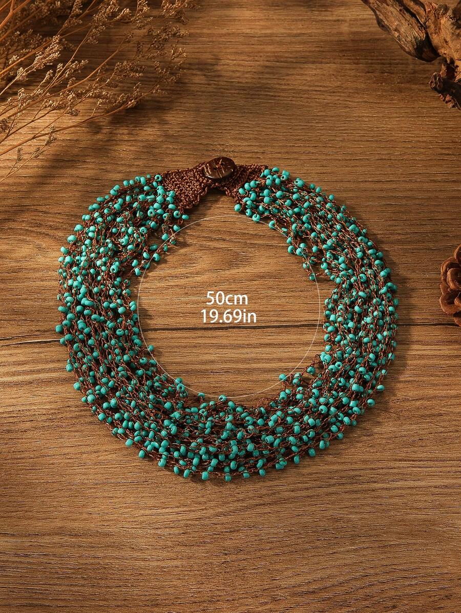 Handmade Crochet Bohemian Style Beaded Necklace, Suitable For Daily Wear - Green - View 1