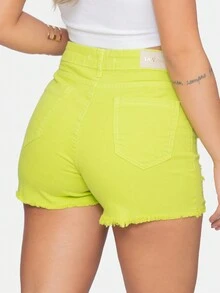 Women Denim Shorts - 青檸色 - 查看 2