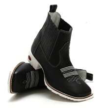 Botina Preta Sola Branca Masculina Bota Texana Cano Curto Couro Bovino Bico Quadrado - Preto - Visão 1