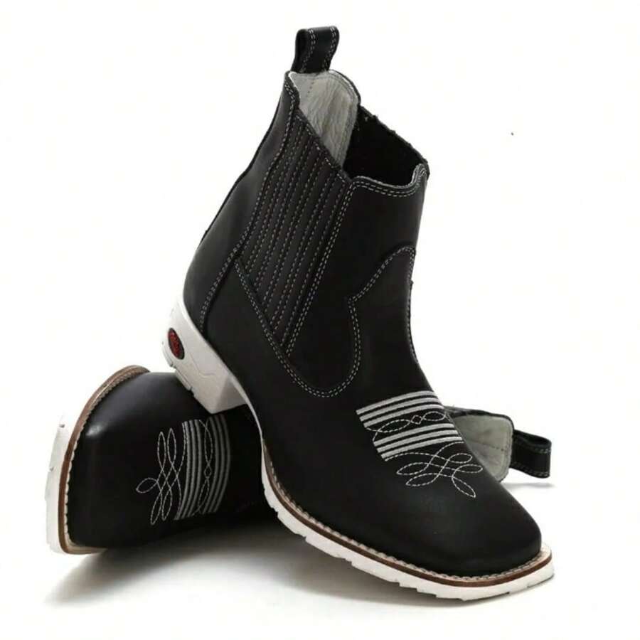 Botina Preta Sola Branca Masculina Bota Texana Cano Curto Couro Bovino Bico Quadrado - Preto - Visão 1