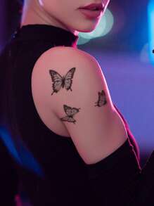 1 件黑色 3D 蝴蝶图案临时纹身贴纸，适用于手臂、手腕、肩膀、颈部和锁骨 - 彩色 - 查看 3