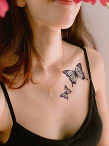 1 件黑色 3D 蝴蝶图案临时纹身贴纸，适用于手臂、手腕、肩膀、颈部和锁骨 - 彩色 - 查看 4