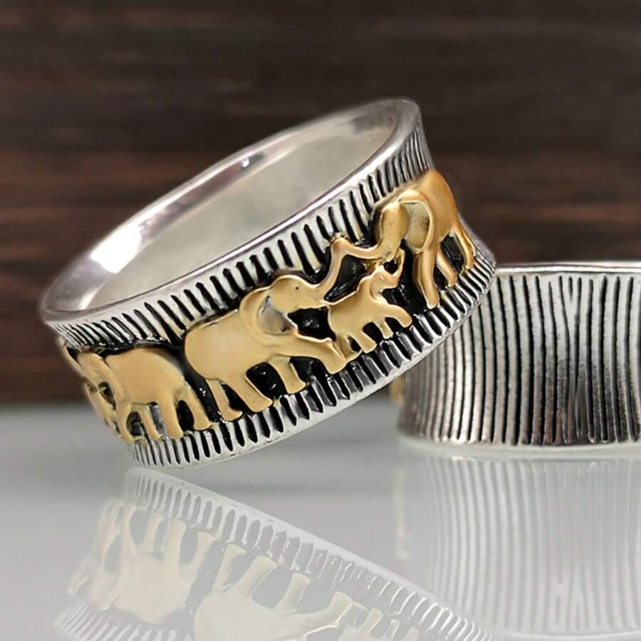 Anillo De Elefante De Dos Tonos A La Moda Y Vintage - Plata antigua - Ver 1