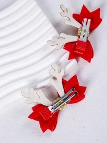 2 件/套聖誕閃光馴鹿鹿角髮夾,閃光無紡布花朵髮夾,毛茸茸的蝴蝶結髮夾 - 紅色 - 查看 3