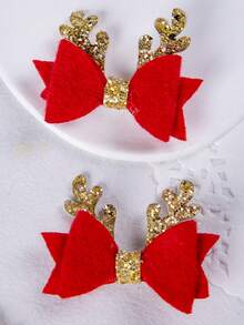 2 件/套聖誕閃光馴鹿鹿角髮夾,閃光無紡布花朵髮夾,毛茸茸的蝴蝶結髮夾 - 紅色 - 查看 4