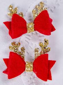 2 件/套聖誕閃光馴鹿鹿角髮夾,閃光無紡布花朵髮夾,毛茸茸的蝴蝶結髮夾 - 紅色 - 查看 1