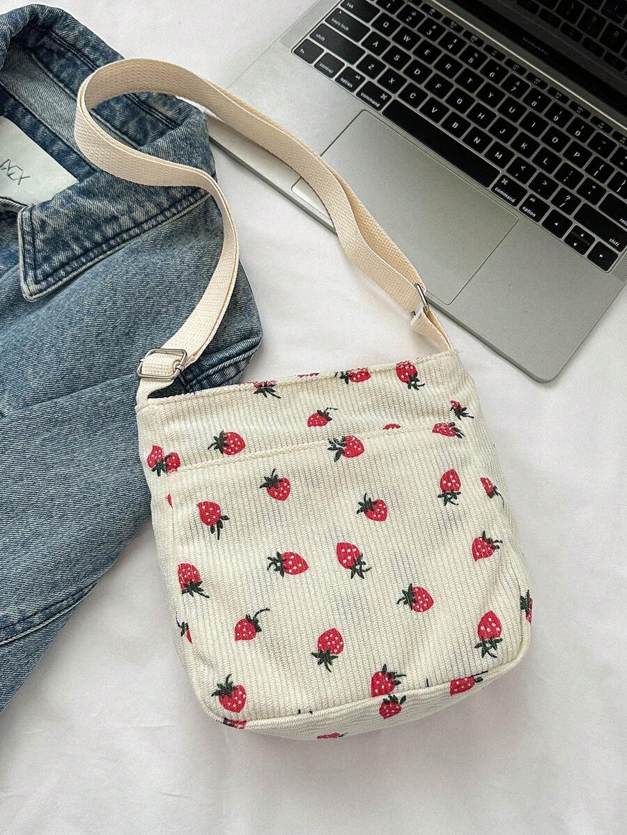 1 pieza Mini bolso de hombro de uso diario con estampado de fresa de dibujos animados, para almacenamiento de cosméticos y viaje, monedero de fresa con estilo y lindo, regalo para San Valentín - Beis - Ver 1