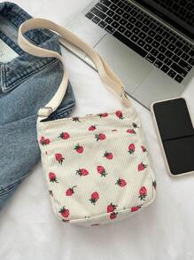 1 pieza Mini bolso de hombro de uso diario con estampado de fresa de dibujos animados, para almacenamiento de cosméticos y viaje, monedero de fresa con estilo y lindo, regalo para San Valentín - Beis - Ver 2