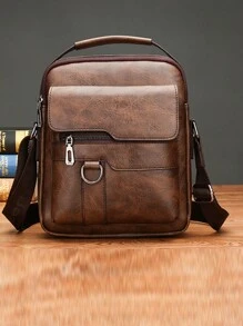 男士棕色 PU 皮革多功能收纳手提斜挎包适合工作、通勤、旅行、购物单肩包斜挎包侧包商务假日必备轻便随身包送给父亲丈夫的方形包夏季男士礼物 - 棕色 - 查看 2