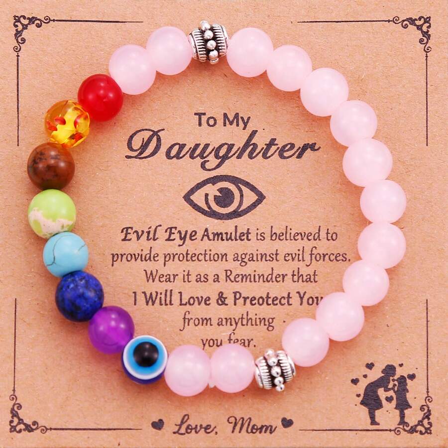 1pc Evil Eye Bracelet,Natural Stone Chakra Beaded Bracelet Protection Amulet Bracelet For Daughter - Pink - View 1