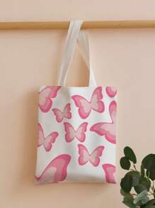 Pink Butterfly Double-Sided Printed Shoulder Tote Bag, Butterfly Bag Valentines