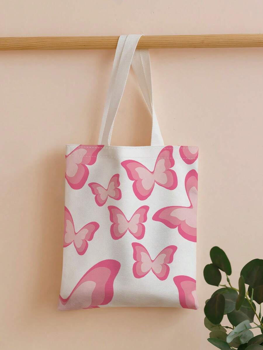 Pink Butterfly Double-Sided Printed Shoulder Tote Bag, Butterfly Bag Valentines