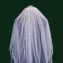 优雅腮红仿珍珠新娘面纱 2 层婚礼面纱 带肘长波浪铅笔边 新娘柔软婚礼配饰