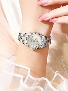 BINBOND Luxury Gold Quartz Watch Women's Fashion Women's Watch Waterproof Night Light Stainless Steel Business Leisure Business Date Display Women's Rhinestone Quartz Watch - White - View 3