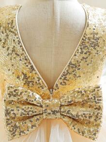 Vestido elegante de fiesta para niña con lazo de lentejuelas doradas y tul, falda de pastel, vestido de princesa, adecuado para fiestas de cumpleaños de niñas, galas de noche, ocasiones formales, vestido de niña de las flores para bodas - Champán - Ver 5