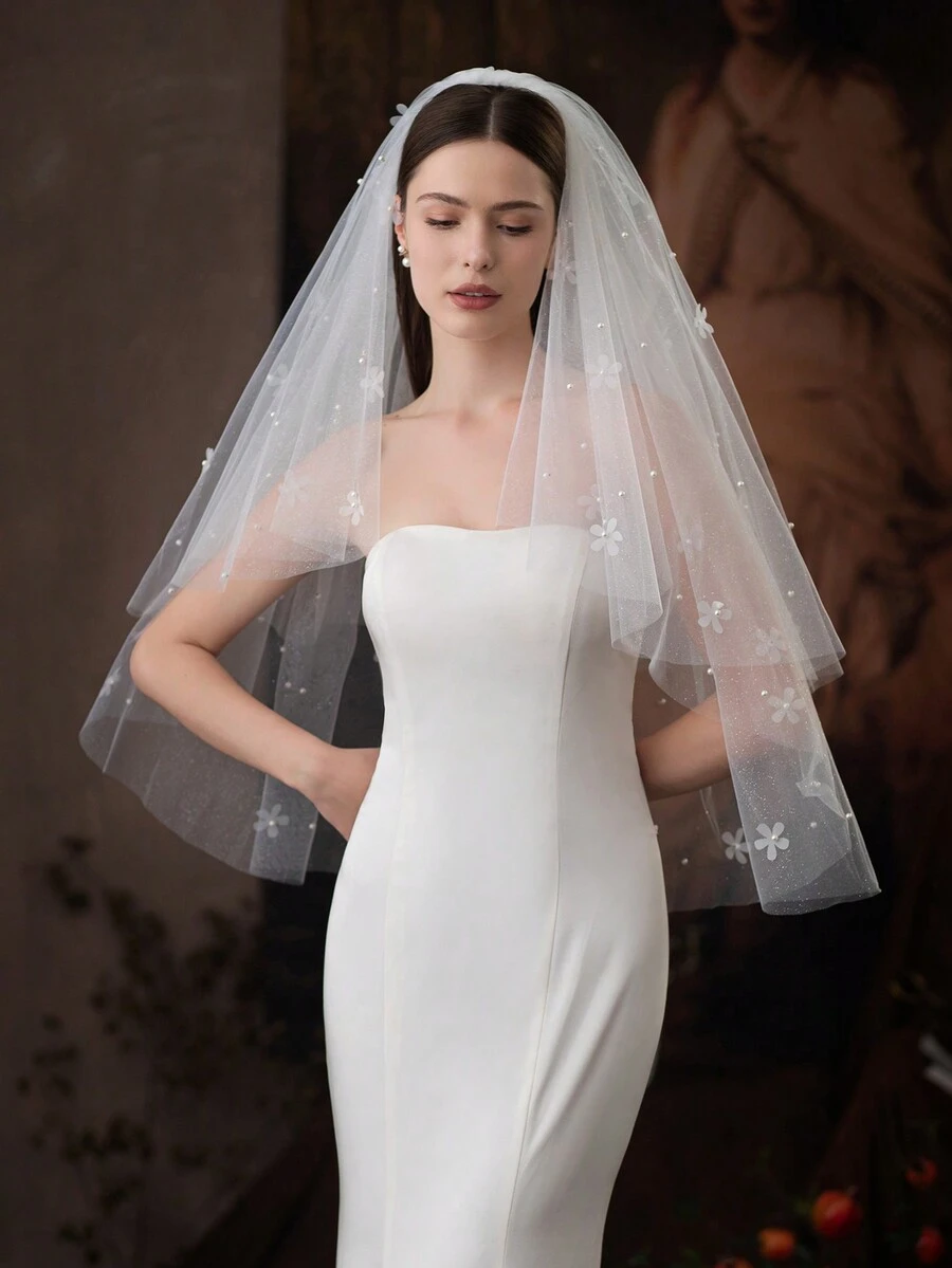 1 件闪亮珍珠花贴花新娘婚纱头纱，适合婚礼/宴会（带梳子）女士秋季服装 - 米色 - 查看 1