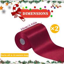 2 Pieces 10cm x 20M Satin Ribbon Red Poly Loop Ribbon Wide, Red Solid Color Fabric Ribbon Satin Deco Ribbon Gift Ribbons, Satin Ribbons for Decoration Christmas Birthday Gift Loop - Burgundy - View 2