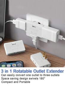 1入180度旋轉插座轉接器,1插頭3插座可折疊3合1擴展插座電源適配器,超薄3插頭旋轉移動便攜式充電器 - 白色 - 查看 1