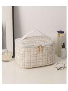 極簡風格大容量女士化妝包,ins風格化妝袋,旅行化妝組織盒,適用於家庭或旅行 - 米色 - 查看 5