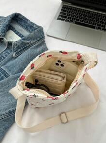 1 pieza Mini bolso de hombro de uso diario con estampado de fresa de dibujos animados, para almacenamiento de cosméticos y viaje, monedero de fresa con estilo y lindo, regalo para San Valentín - Beis - Ver 5