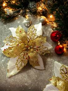 2 Flower Poinsettia Christmas Tree Ornament Hanging Decorations - Gold - View 2