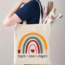 卡通老师字母图案帆布包，便携式单肩包，多功能轻便购物袋，休闲便携式单肩包，轻便购物袋，大容量单肩包，多功能可重复使用购物袋，便携多功能购物袋，实用且功能更强大的工作手提包多功能购物袋，演唱会必备品，音乐情侣礼物，生日礼物，母亲节，父亲节，朋友礼物，老师礼物，家庭礼物，情侣礼物，生日礼物 - 米色 - 查看 1