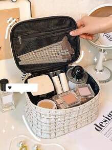 極簡風格大容量女士化妝包,ins風格化妝袋,旅行化妝組織盒,適用於家庭或旅行 - 米色 - 查看 3