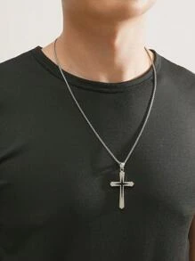 1入組男士不鏽鋼中空吊墜項鍊,銀色 - 銀色 - 查看 4