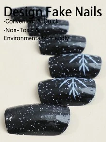 使用24入組短方形聖誕和冬季雪花款式亮黑色全覆蓋假指甲，提升你的外觀，附帶1片砂紙條和1個果凍膠，適用於女性和女孩壓力式指甲美容產品 - 彩色 - 查看 3
