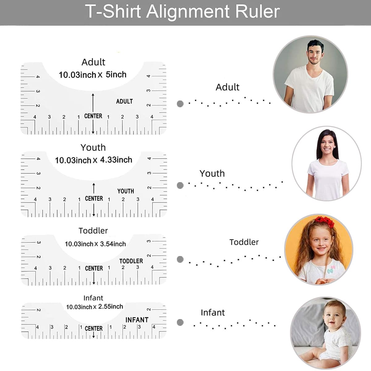 4PCS For T-Shirt Ruler Guide, T-Shirt Alignment Tools With Clothing Size Chart, 4 Rulers Included, T-Shirt Centering Vinyl Guide For For HTV Heat Press Transfer And Sublimation Designs On Shirts - White - View 1
