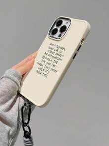 1pc Electroplated Metal Edge Frame Frosted Phone Case With Slogan Pattern And 1pc Nylon Hand Strap Compatible With Iphone - Multicolor - View 4