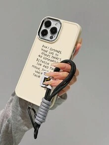 1pc Electroplated Metal Edge Frame Frosted Phone Case With Slogan Pattern And 1pc Nylon Hand Strap Compatible With Iphone - Multicolor - View 3