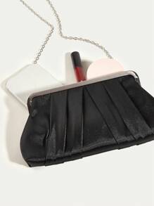 女士緞面鑽石裝飾褶皺手拿包,婚禮晚會晚宴手袋 - 黑色 - 查看 7