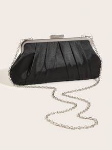 女士緞面鑽石裝飾褶皺手拿包,婚禮晚會晚宴手袋 - 黑色 - 查看 5